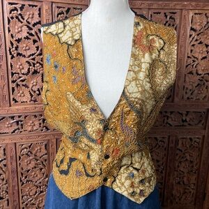 Vintage Indonesian Beaded Embroidered Gold Batik Print Rooster Vest